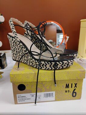 Mix No. 6 Samira Wedge Sandals Size 9 Black Natural Jute Platform Lace Up Clear